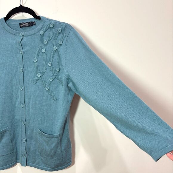 Castle of Ireland Cardigan Teal Blue Women L Wool Embroidered Coastal Granny - Picture 2 of 9
